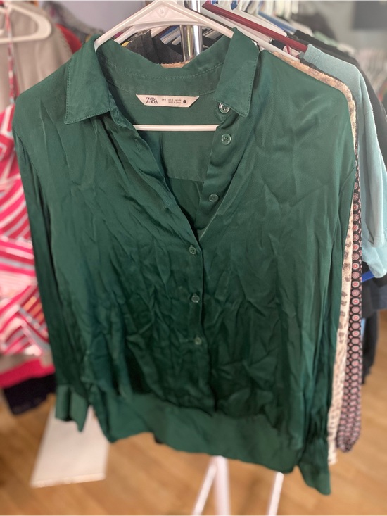 Zara Tops - Zara Emerald Green Satin Button-Down Shirt